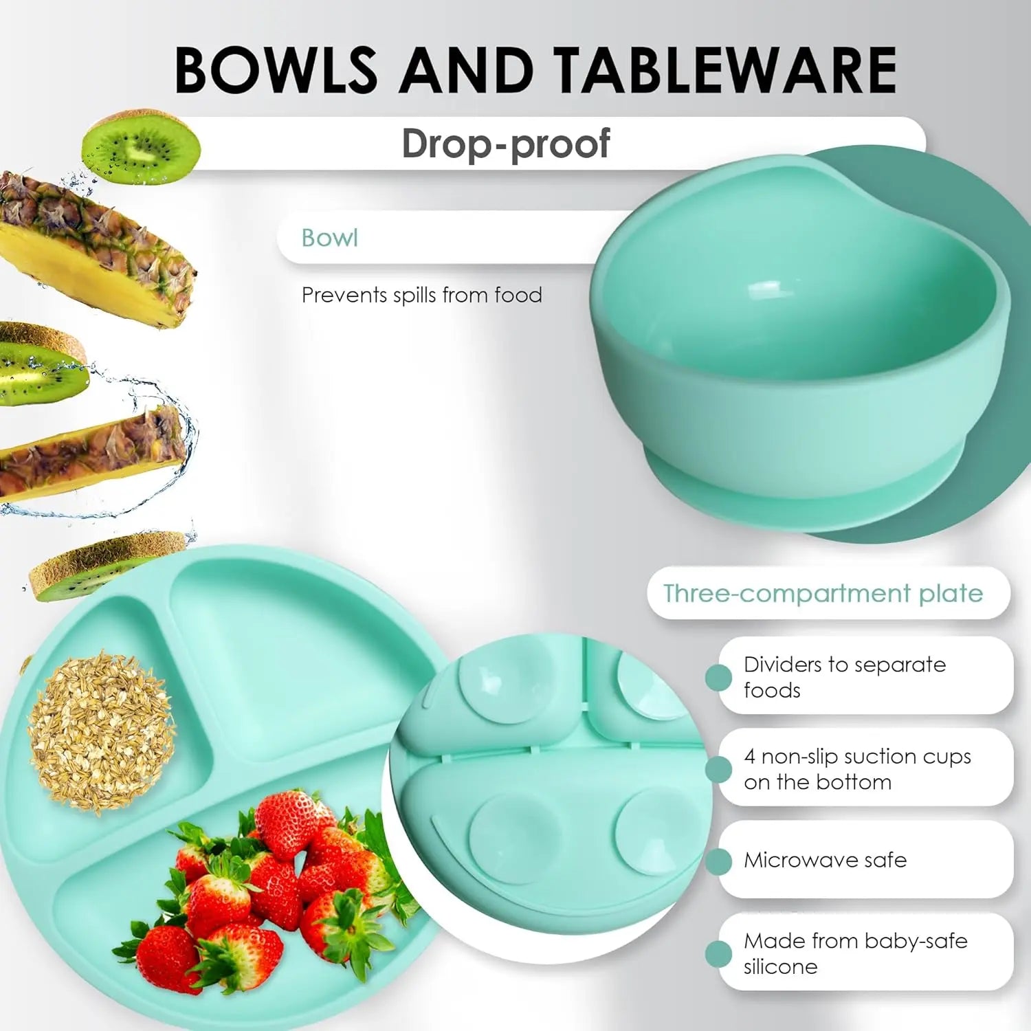 Silicone Baby Feeding Set - Baby Led Weaning Supplies - Baby Spoons, Suction Bowl - Plate - Baby Utensils - Silicone Feeding Set for Baby First Foods, Infant Eating - 8Pcs - Green
