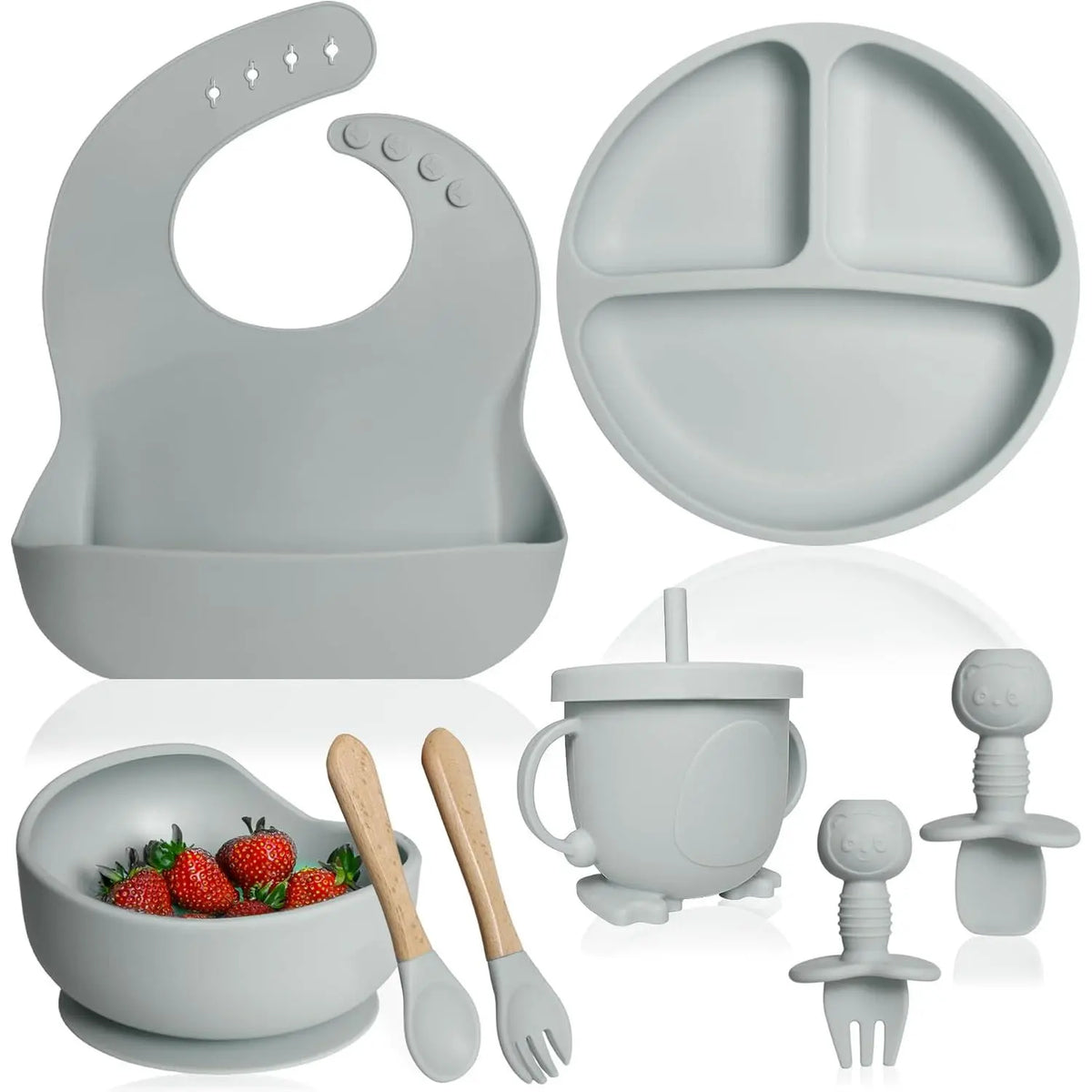 Silicone Baby Feeding Set - Baby Led Weaning Supplies - Baby Spoons, Suction Bowl - Plate - Baby Utensils - Silicone Feeding Set for Baby First Foods, Infant Eating - 8Pcs - Green