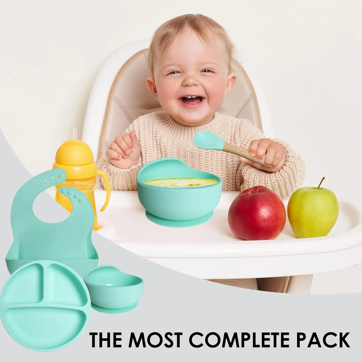 Silicone Baby Feeding Set - Baby Led Weaning Supplies - Baby Spoons, Suction Bowl - Plate - Baby Utensils - Silicone Feeding Set for Baby First Foods, Infant Eating - 8Pcs - Green