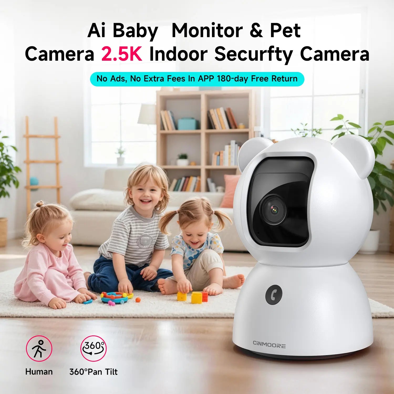 CINMOORE 2.5 Megapixel Indoor Wifi Security Camera C2LU - 360° Pan-110° Vertical Tilt, AI Motion Detection, 2-Way Audio, Night Vision, Baby Crying Alert, Microsd Slot, Smart Home Gadgets for Home Security Monitoring Recording