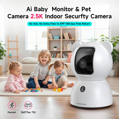 CINMOORE 2.5 Megapixel Indoor Wifi Security Camera C2LU - 360° Pan-110° Vertical Tilt, AI Motion Detection, 2-Way Audio, Night Vision, Baby Crying Alert, Microsd Slot, Smart Home Gadgets for Home Security Monitoring Recording