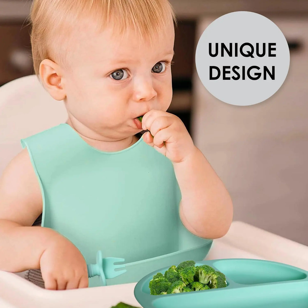 Silicone Baby Feeding Set - Baby Led Weaning Supplies - Baby Spoons, Suction Bowl - Plate - Baby Utensils - Silicone Feeding Set for Baby First Foods, Infant Eating - 8Pcs - Green