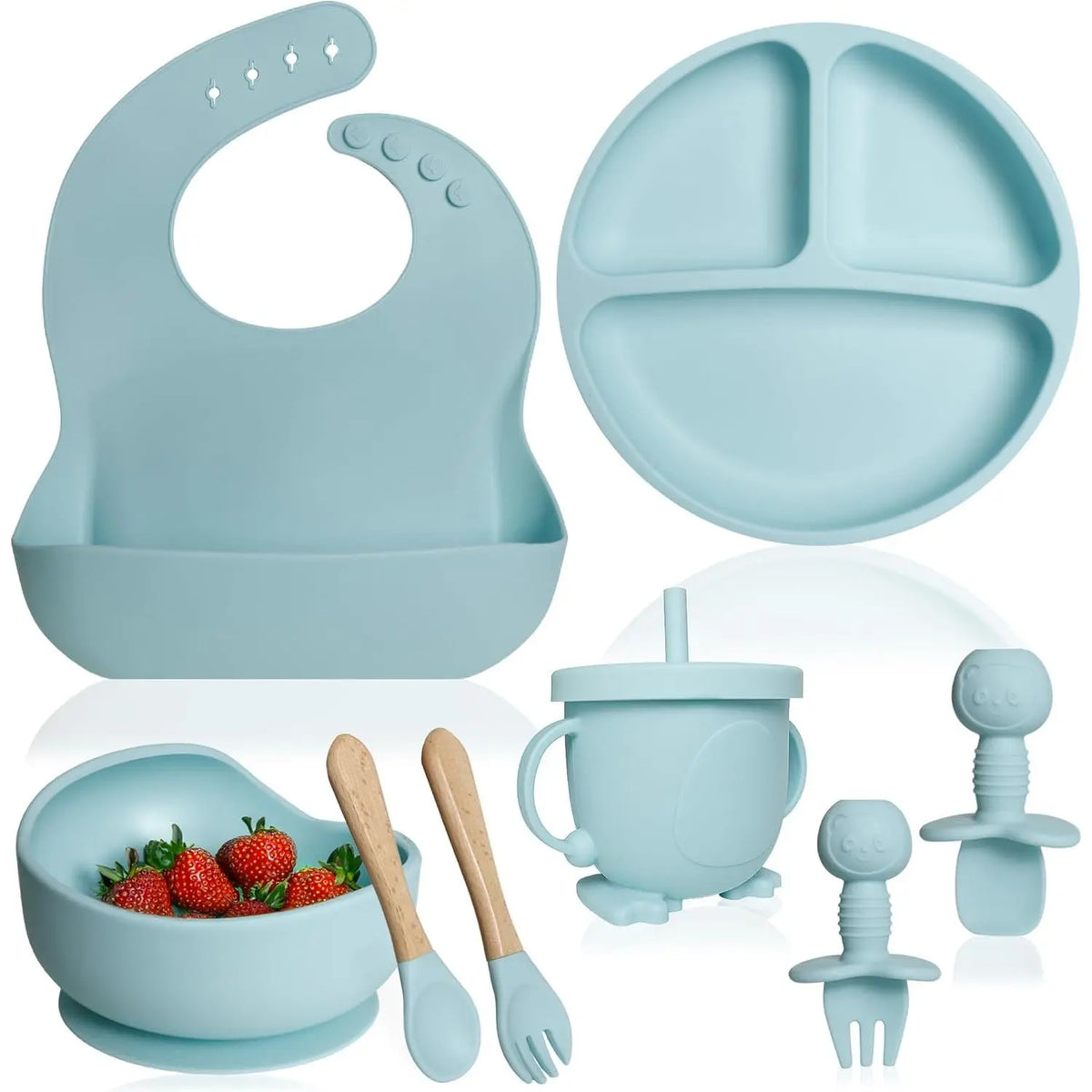 Silicone Baby Feeding Set - Baby Led Weaning Supplies - Baby Spoons, Suction Bowl - Plate - Baby Utensils - Silicone Feeding Set for Baby First Foods, Infant Eating - 8Pcs - Green
