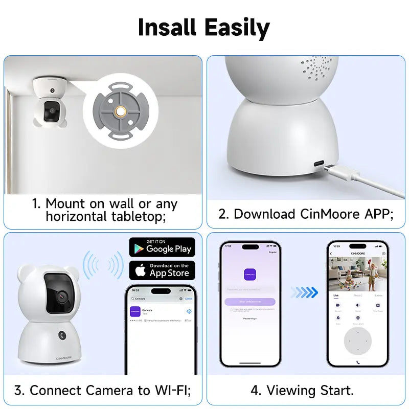 CINMOORE 2.5 Megapixel Indoor Wifi Security Camera C2LU - 360° Pan-110° Vertical Tilt, AI Motion Detection, 2-Way Audio, Night Vision, Baby Crying Alert, Microsd Slot, Smart Home Gadgets for Home Security Monitoring Recording