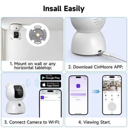 CINMOORE 2.5 Megapixel Indoor Wifi Security Camera C2LU - 360° Pan-110° Vertical Tilt, AI Motion Detection, 2-Way Audio, Night Vision, Baby Crying Alert, Microsd Slot, Smart Home Gadgets for Home Security Monitoring Recording