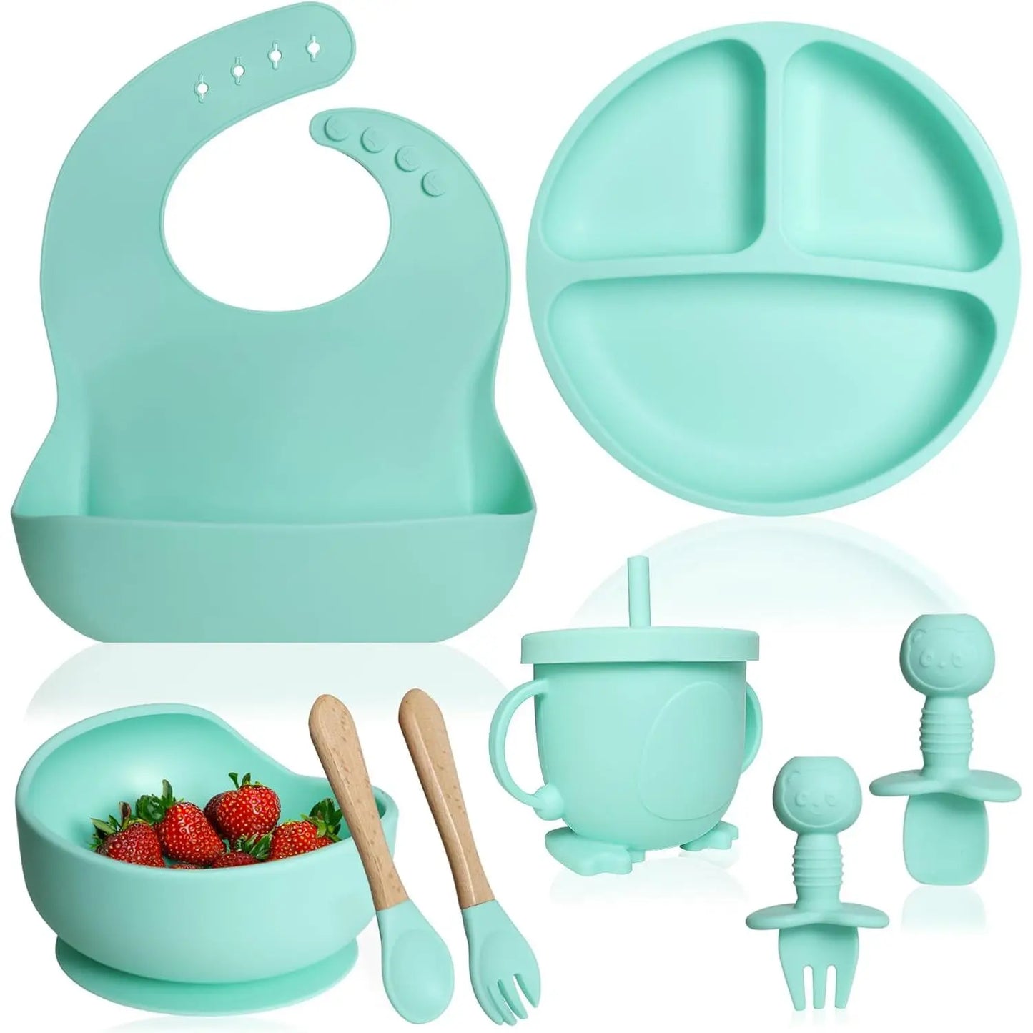 Silicone Baby Feeding Set - Baby Led Weaning Supplies - Baby Spoons, Suction Bowl - Plate - Baby Utensils - Silicone Feeding Set for Baby First Foods, Infant Eating - 8Pcs - Green