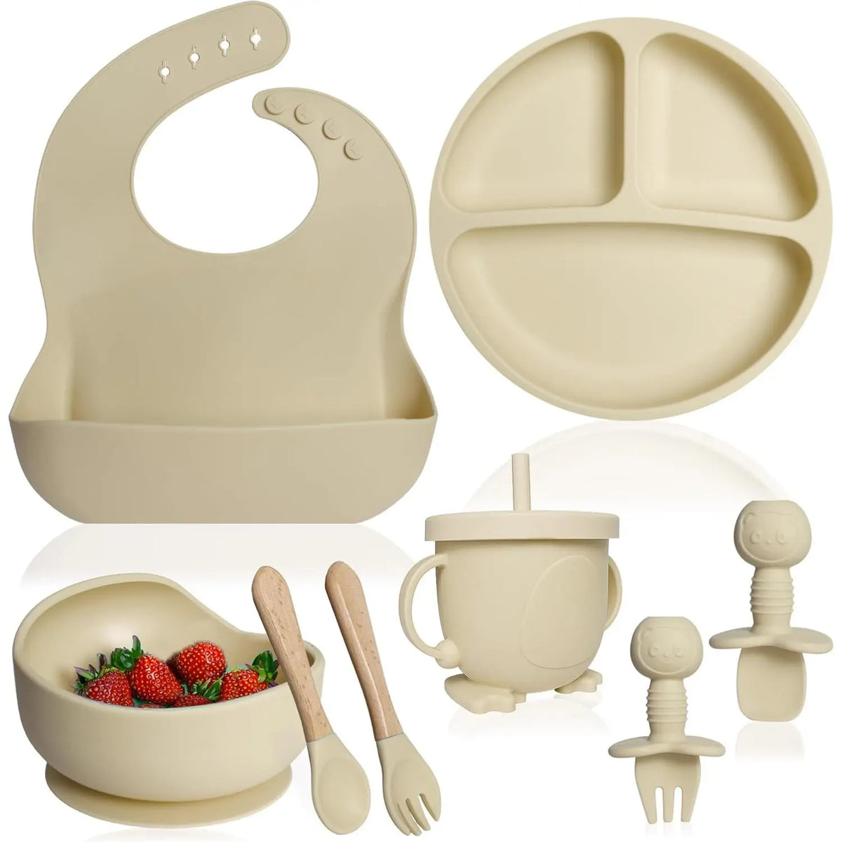Silicone Baby Feeding Set - Baby Led Weaning Supplies - Baby Spoons, Suction Bowl - Plate - Baby Utensils - Silicone Feeding Set for Baby First Foods, Infant Eating - 8Pcs - Green