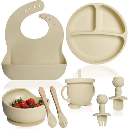 Silicone Baby Feeding Set - Baby Led Weaning Supplies - Baby Spoons, Suction Bowl - Plate - Baby Utensils - Silicone Feeding Set for Baby First Foods, Infant Eating - 8Pcs - Green