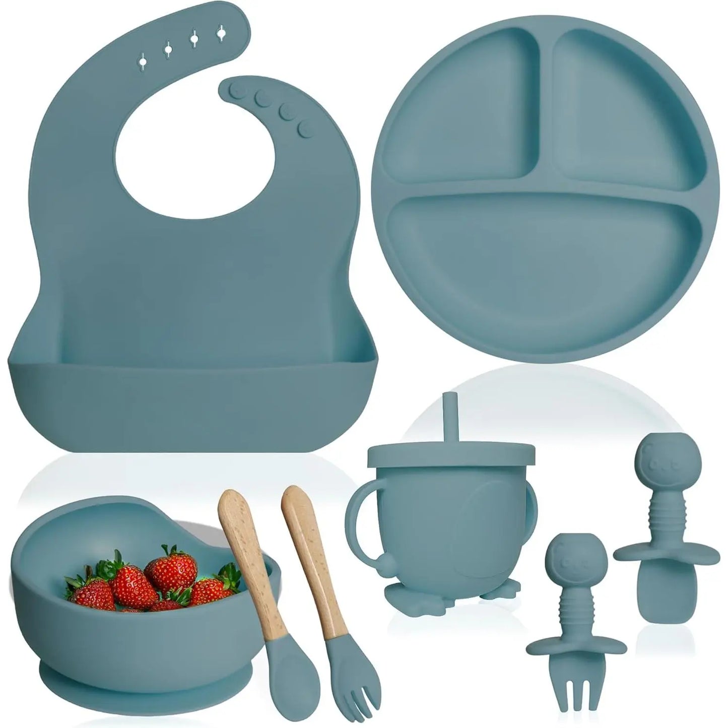 Silicone Baby Feeding Set - Baby Led Weaning Supplies - Baby Spoons, Suction Bowl - Plate - Baby Utensils - Silicone Feeding Set for Baby First Foods, Infant Eating - 8Pcs - Green