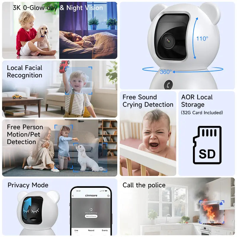 CINMOORE 2.5 Megapixel Indoor Wifi Security Camera C2LU - 360° Pan-110° Vertical Tilt, AI Motion Detection, 2-Way Audio, Night Vision, Baby Crying Alert, Microsd Slot, Smart Home Gadgets for Home Security Monitoring Recording