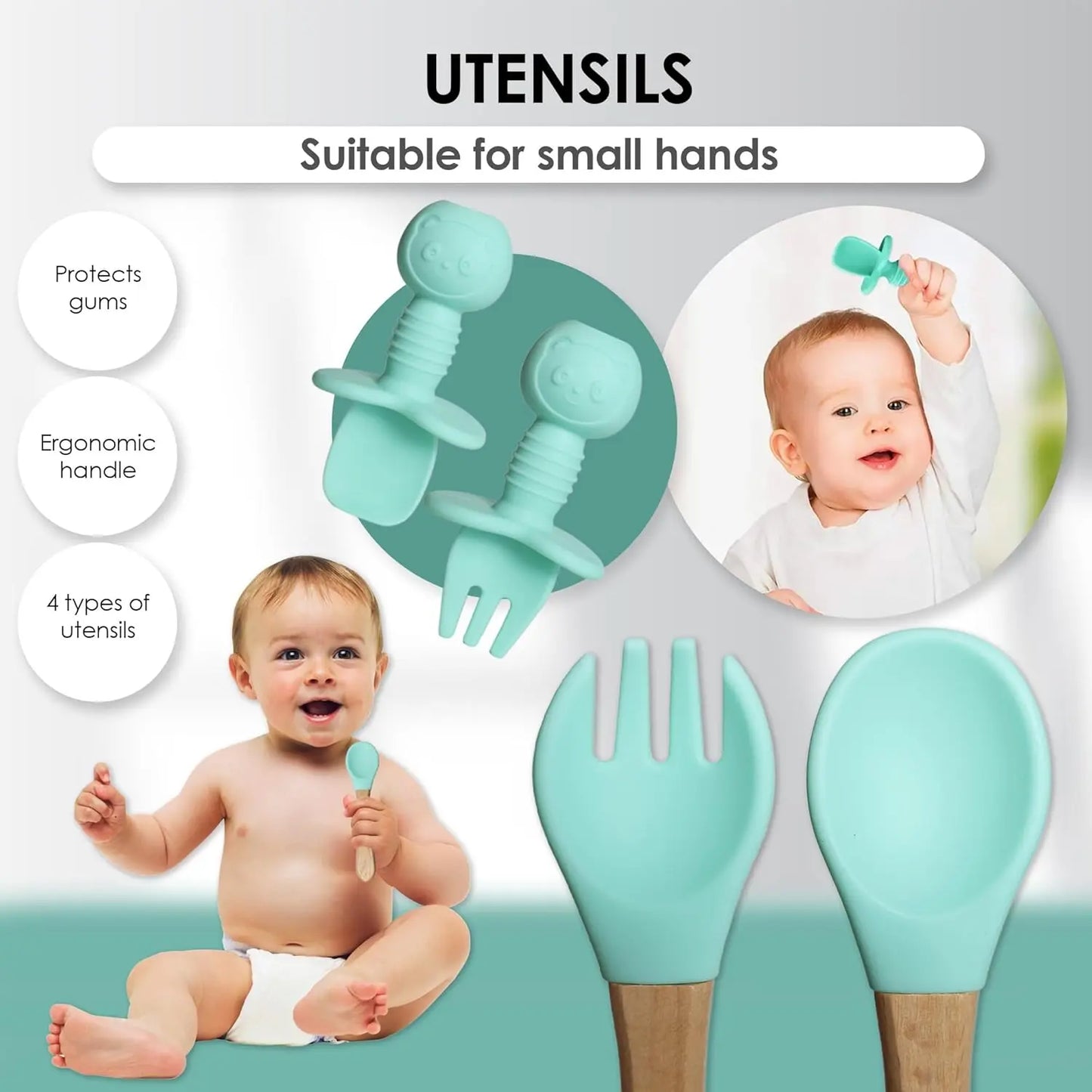 Silicone Baby Feeding Set - Baby Led Weaning Supplies - Baby Spoons, Suction Bowl - Plate - Baby Utensils - Silicone Feeding Set for Baby First Foods, Infant Eating - 8Pcs - Green