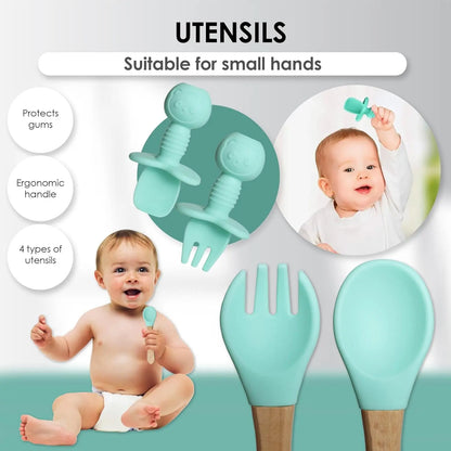 Silicone Baby Feeding Set - Baby Led Weaning Supplies - Baby Spoons, Suction Bowl - Plate - Baby Utensils - Silicone Feeding Set for Baby First Foods, Infant Eating - 8Pcs - Green